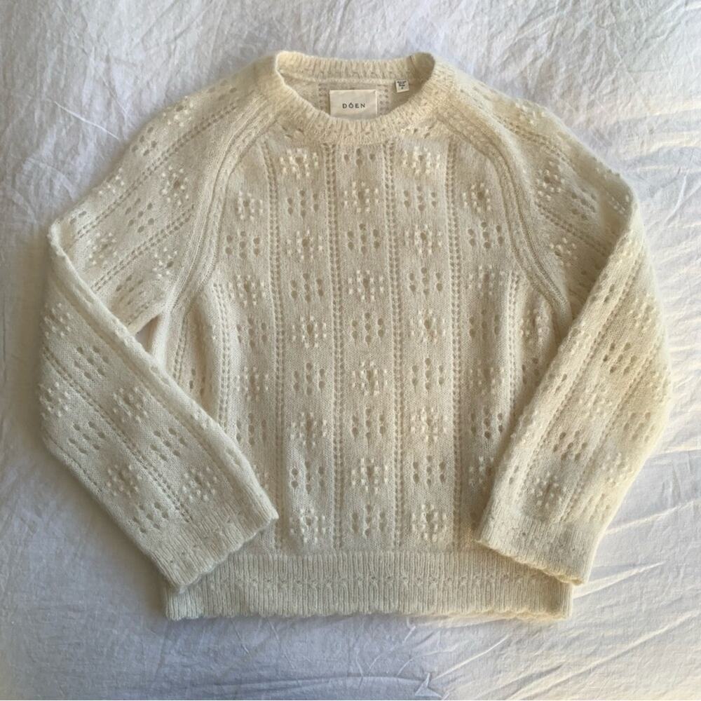 Doen Emiliana Alpaca Wool Pointelle Crewneck 3/4 Sleeve Knit Sweater Top Ivory - Picture 5 of 11